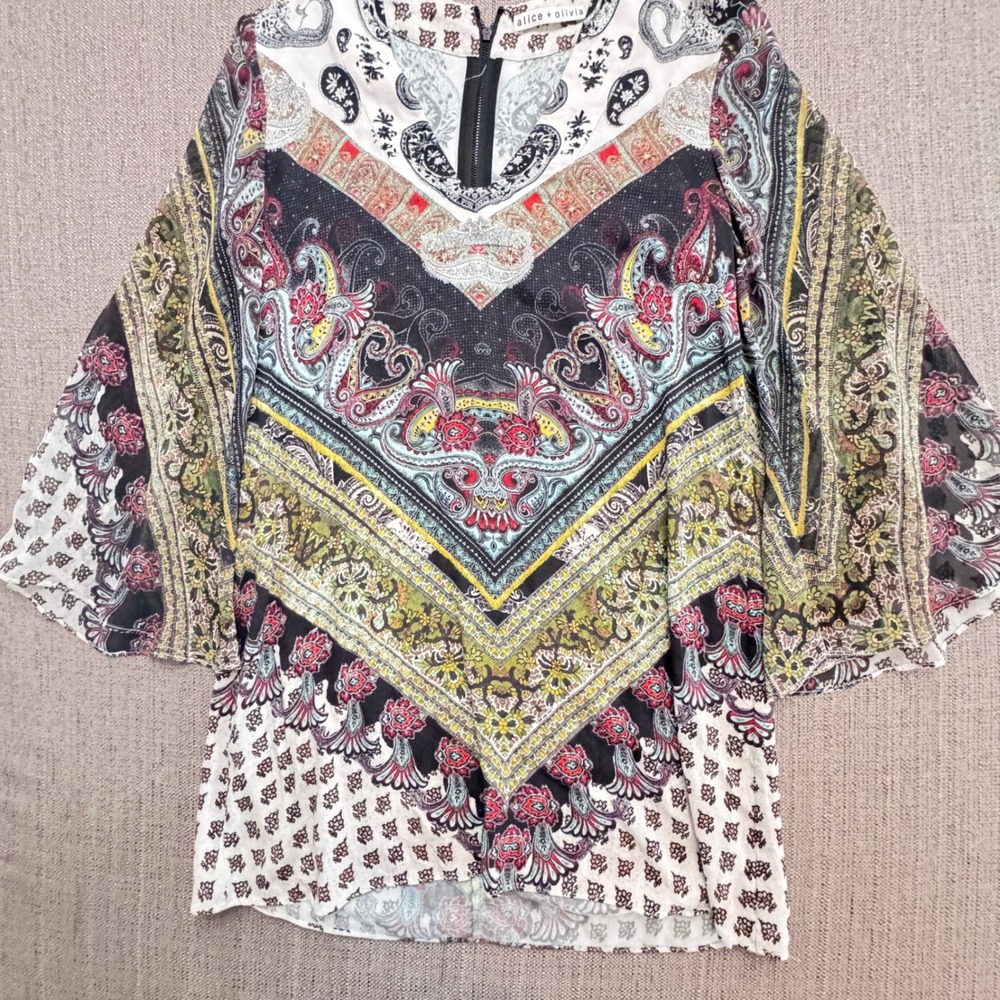 Alice + Olivia Paisley Beaded Bell Sleeve Tunic Top Multi-Color C603538833